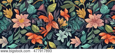 Vector Floral Pattern, Spring Summer Background With Tropical Flowers. Exotic Wallpaper. Vector Illu