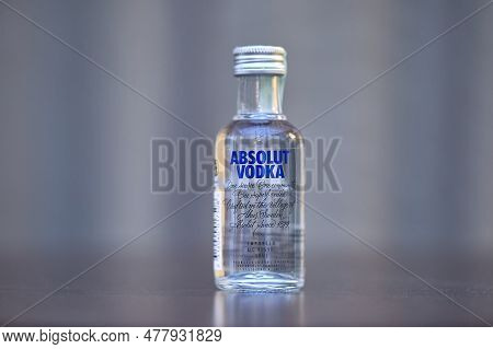 Budapest, Hungary - December 25, 2019: Absolut Vodka From Sweden On A Table In A Small Bottle Of 50 