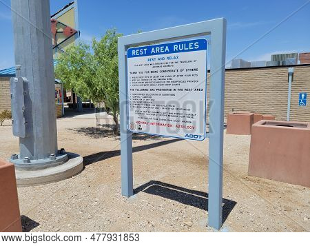 Mohawk, Az - August 7, 2022:   Rest Area Rules Posted By Arizona Department Of Transportation At Int