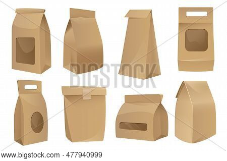 Realistic Packages Mega Set Graphic Elements In Flat Design. Bundle Of Closed Paper Bag Mockups In D