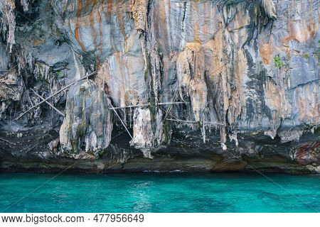 Landscape Viking Cave On Maya Island On Fantastic Emerald Lagoon Sea At Koh Phi Phi Island Thailand,