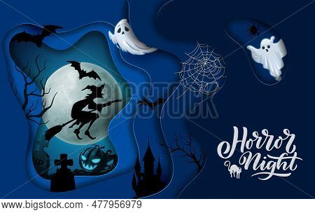 Halloween Paper Cut, Flying Witch, Ghosts And Castle. Vector 3d Effect Horror Night Banner With Hag 