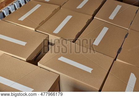 Cardboard Boxes Packed For Moving Houses, Blank Labels