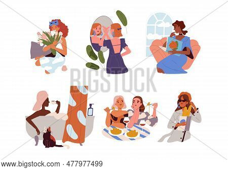 Girls On Vacation Set. Independent Free Characters Relax, Smell Flowers And Take Bath. Trendy Women 