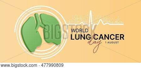World Lung Cancer Day - Green 3d Lung Sign On White Circle Rign Sign With Line Heart Rhythm Wave And