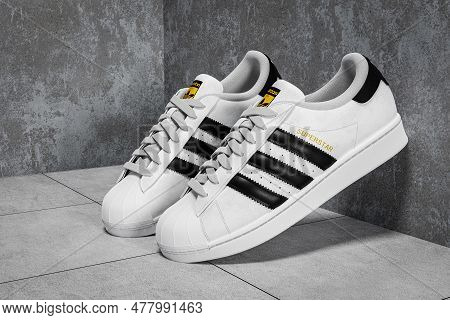 New York, Usa - June 20 , 2023 : Adidas Superstar Original White Sneakers. Sport And Fashion Footwar