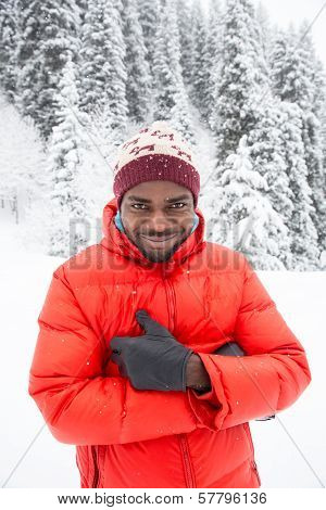 African American Cheerful Black Man In Ski Suit In Snowy Winter Outdoors, Almaty, Kazakhstan, Asia