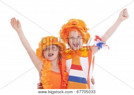 Two Girls In Orange Outfit Cheering