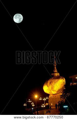 Night Scene Kyaikhtiyo Pagoda In Full Moon Night.