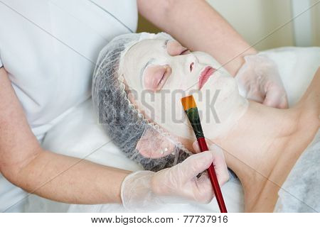 beautician worker with paintbrush applying facial cosmetic mask to female client in beauty salon