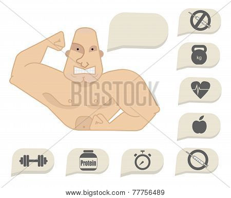 Bodybuilder Torso With Speech Bubbles. Tense Face