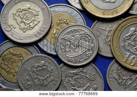 Coins of Morocco. Artificial Earth satellite depicted in the Moroccan half dirham coin.
