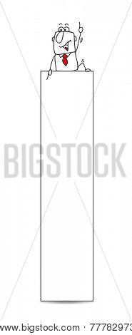 Vertical banner with the businessman. Joe, the businessman is behind a vertical banner. This illustration is ideal for your contact form on your website.