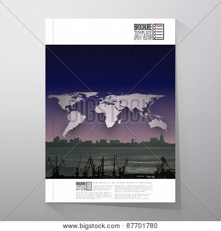 Shipyard and city landscape, night design, world map vector. Brochure, flyer or report for business,