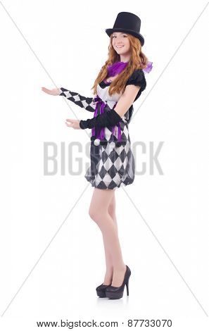A girl in harlequin costume isolated on white