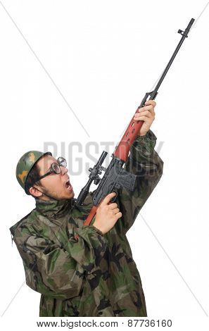 Military man with a gun isolated on white