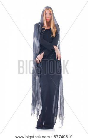Young woman in black dress isolated on white