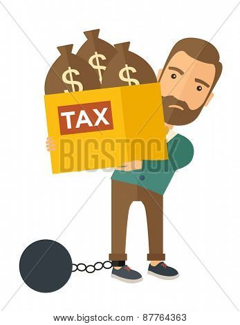 A Caucasian businessman locked in a debt ball in chain for commiting crime in tax ivasion. Debt concept. A Contemporary style. Vector flat design illustration isolated on white background. Vertical