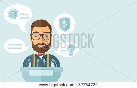 A Caucasian speaker stands behind a podium with microphones makes a business report  and marketing strategy inside the conference room. Presentation, reporting concept. A contemporary style with