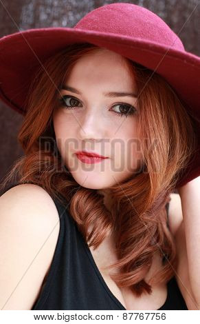 Beautiful Red Head Girl In Floppy Hat