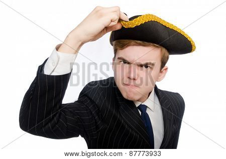 Young man in costume with pirate hat isolated on white