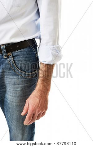 Fashionable mature men in jeans trousers. 