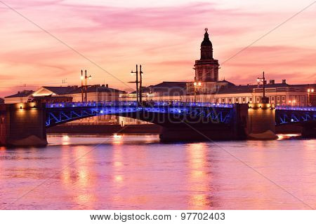 ST. PETERSBURG, RUSSIA - MARCH 18, 2015: Night view to Neva river and the Kunstkamera building. Built in 1727, Kunstkamera was the first Russian museum