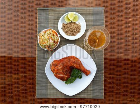 Grilled Chicken On White Plate With Parsley, Salad And Beer Outdoors