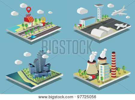Set of Isometric vector illustrations City and industrial buildings.