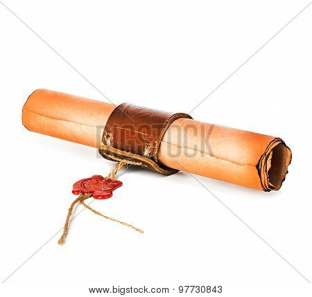 Ancient Scroll With Wax Seal Isolated On White Background