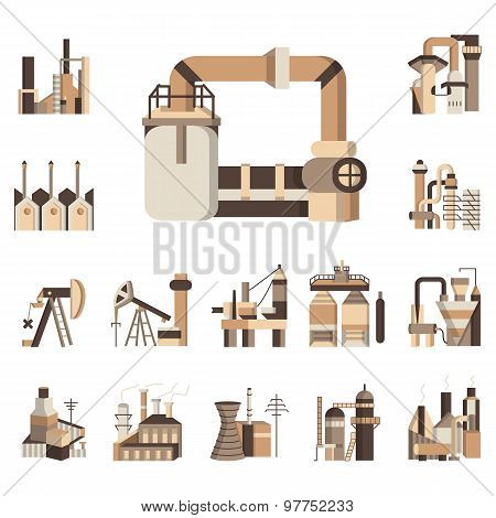 Industrial objects flat color vector icons