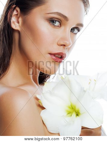 young pretty woman with  Amarilis flower close up isolated on white