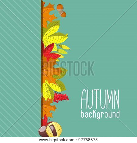 Autumn background for invitation or ad template with wreath from leaves, seeds and nuts. Flat vector