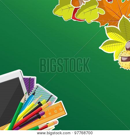 Autumn background with wreath from leaves, seeds, nuts and school supplies. Flat vector illustration