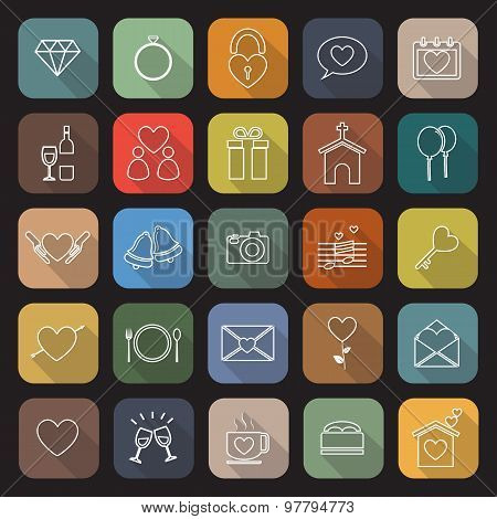 Wedding Line Flat Icons With Long Shadow