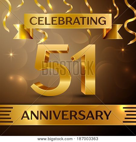 Fifty one Years Anniversary Celebration Design. Confetti and gold ribbon on golden background. Colorful Vector template elements for your birthday party. Anniversary ribbon