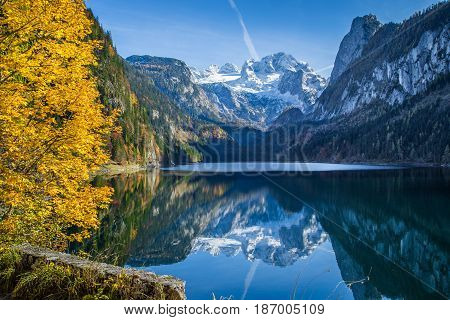 Autumn Scenery With Dachstein Mountain At Gosausee, Salzkammergut, Austria