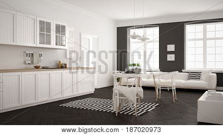 Minimalist modern kitchen with dining table and living room white and gray scandinavian interior design, 3d illustration