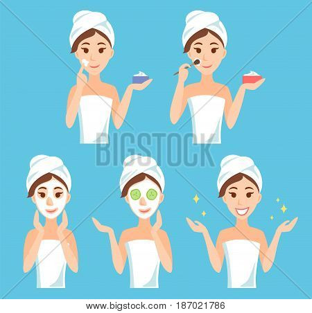 Attractive young woman care her face and skin, using cream and applying natural mask. Facial treatment procedures.