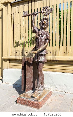 Samara Russia - May 14 2017: Bronze sculpture of Buratino (Pinocchio) fairy tale character of Alexei Tolstoy story 