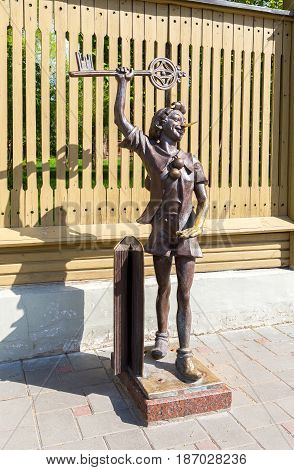 Samara Russia - May 14 2017: Bronze sculpture of Buratino (Pinocchio) fairy tale character of Alexei Tolstoy story 