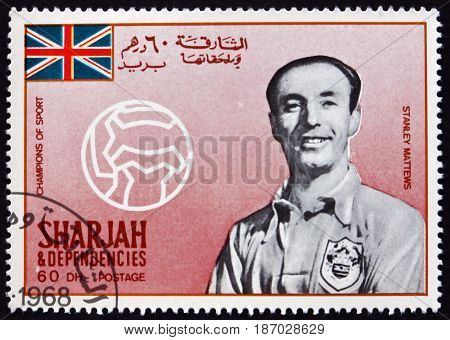 SHARJAH - CIRCA 1968: a stamp printed in Sharjah UAE shows Sir Stanley Matthews Famous Soccer Player circa 1968