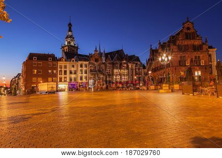 Cityscape of Nijmegen squre city center at dusk twilight the netherlands