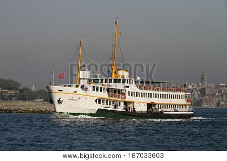 ISTANBUL TURKEY - APRIL 30 2017: Sehir Hatlari ferry in Bosphorus Strait. Sehir Hatlari was established in 1844 and now carry 150000 passengers a day.