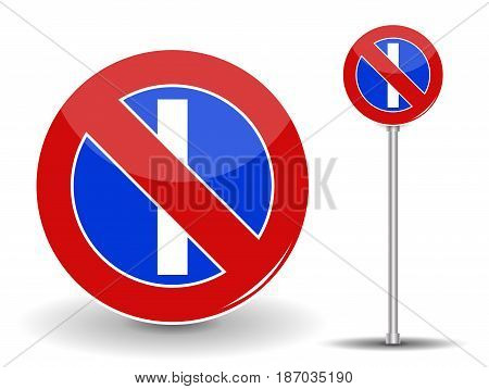 Prohibiting parking. Red and Blue Road Sign. Vector Illustration. EPS10
