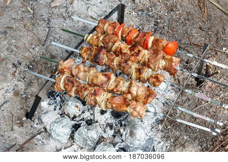 Pork cooked on the grill. Meat cooked on the coals. Pork being prepared fire. Pork kebab. Meat with onions and vegetables on the fire. Fresh meat. Skewers on the fire in the forest.