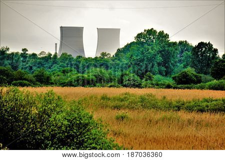 Nature reserve Wagbachniederung Germany with nuclear plant