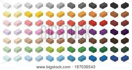 Children brick toy simple colorful bricks 3x2 high, isolated on white background