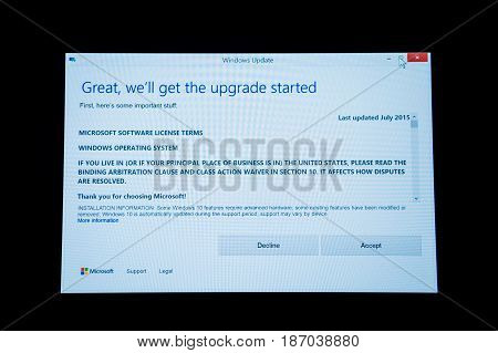 PARIS FRANCE - JAN 7 2016: Accept or Decline button on computer screen during Microsoft Windows 10 Upgrade. The new OS operating system offer a better connectivity ransomware exploit virus protection and better drivers