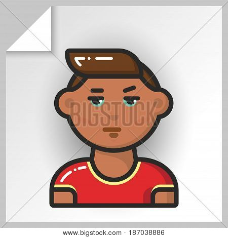 Cartoon male avatars- face icons. Vector Isolated flat colorful illustration. Swarthy guy in a red T-shirt.